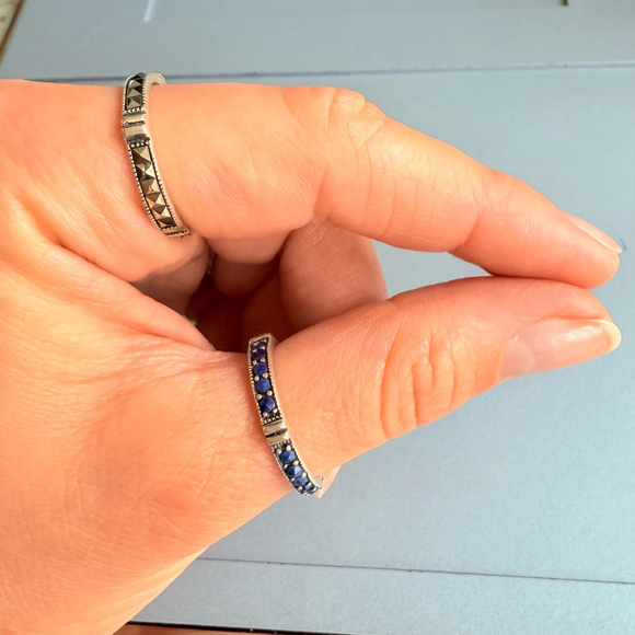 Marcasite & Lapis Reverse Set Gemstone Sterling Silver Two Stacking Band Rings - Picture 8 of 9